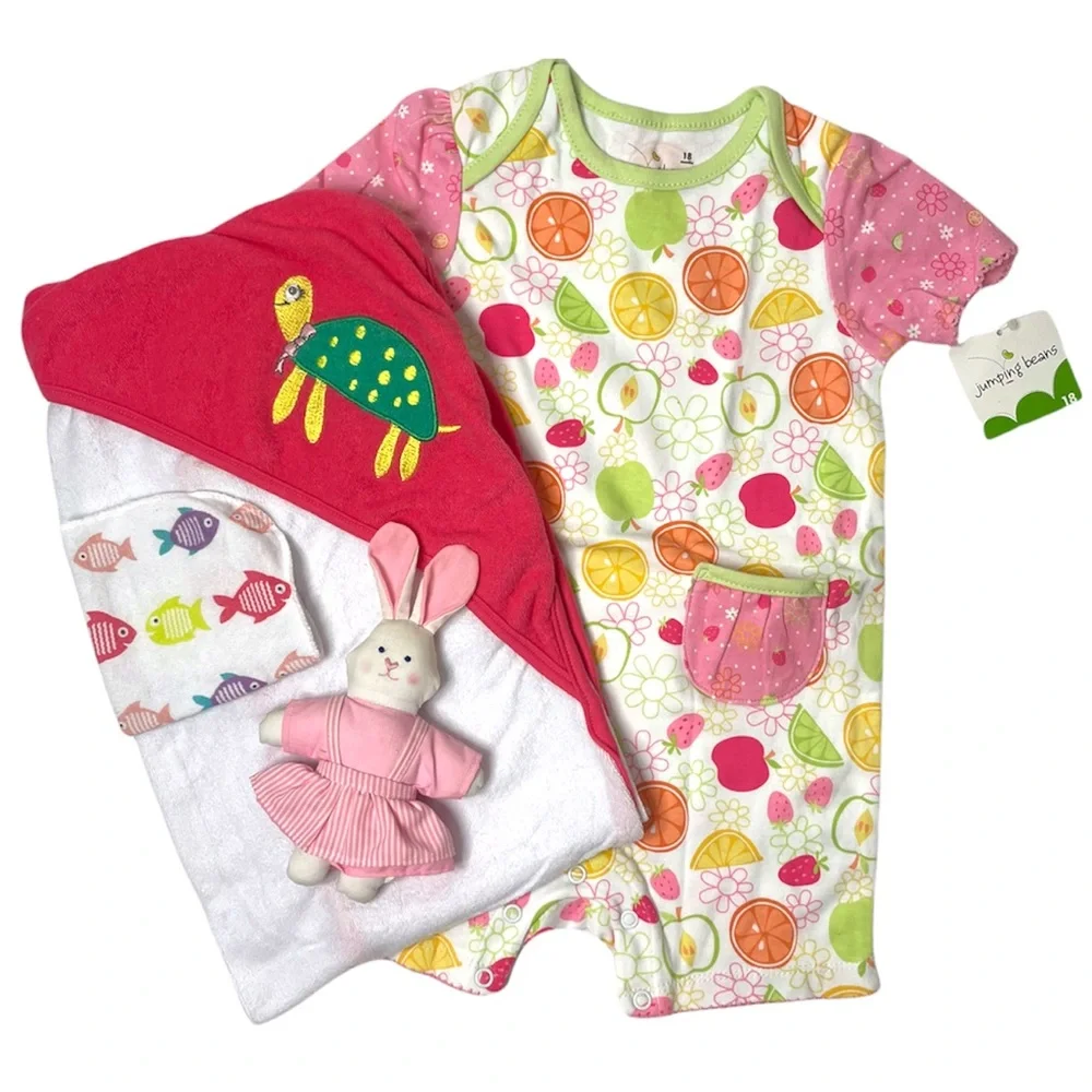 Girl One Piece Flower Outfit Set 4 Pc Bundle Bunny Toy Hooded Towel Washcloth
